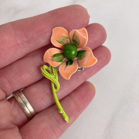 Vintage Enamel Flower Brooch, Orange Green, Mid Century 40s 50s 60s - Picture 3 of 7